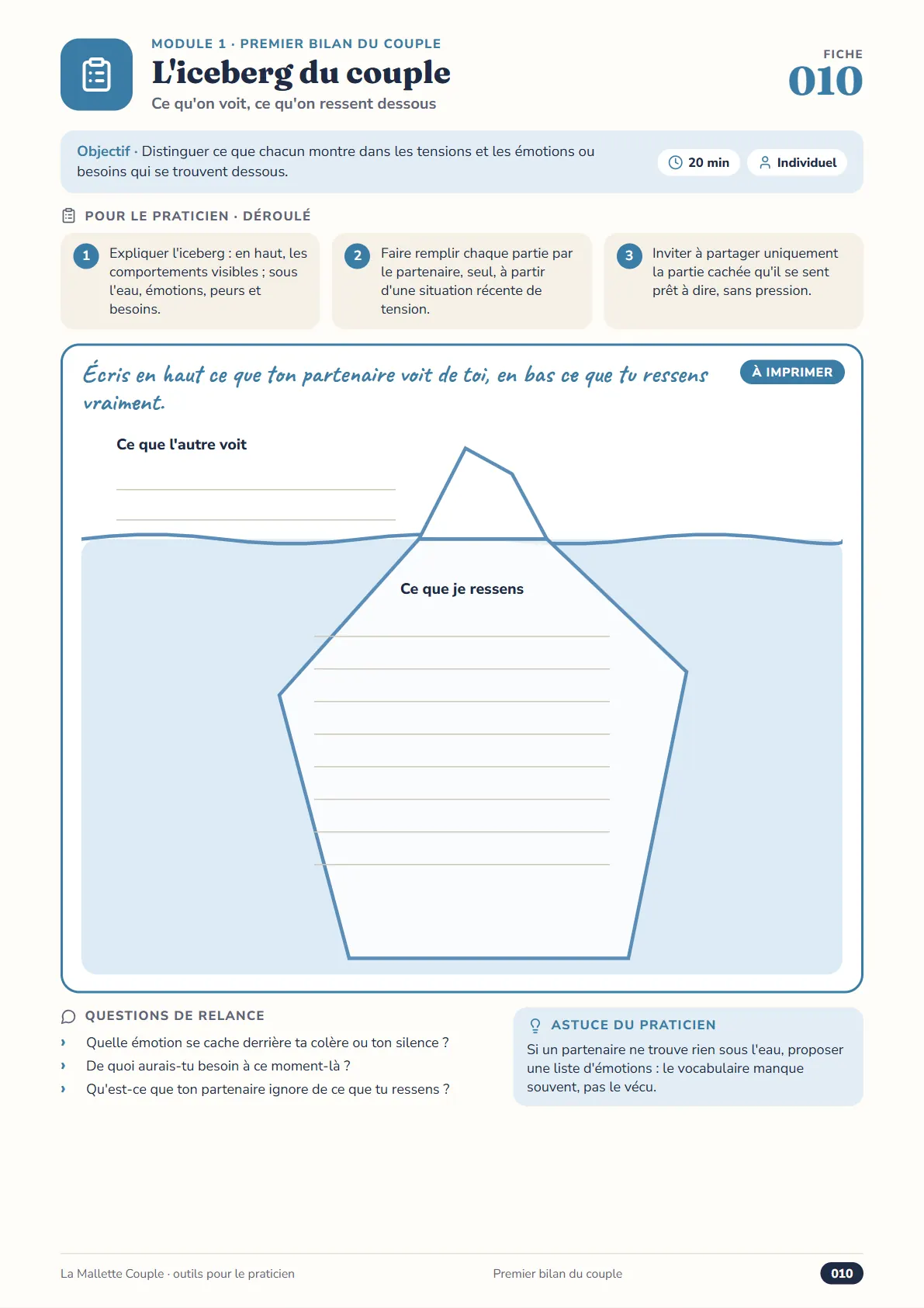 Fiche 010 L’iceberg du couple : déroulé en 3 étapes, iceberg à remplir, questions de relance, astuce du praticien