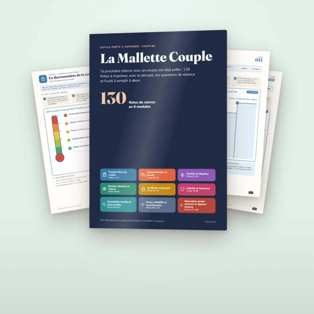 La Mallette Couple : la couverture du PDF, 130 fiches de séance en 9 modules